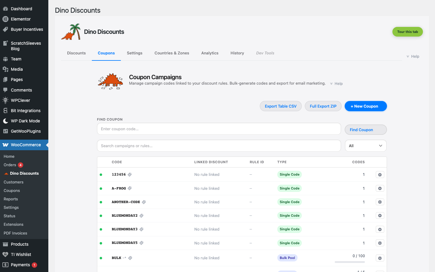 Coupon campaign showing generated codes with usage tracking