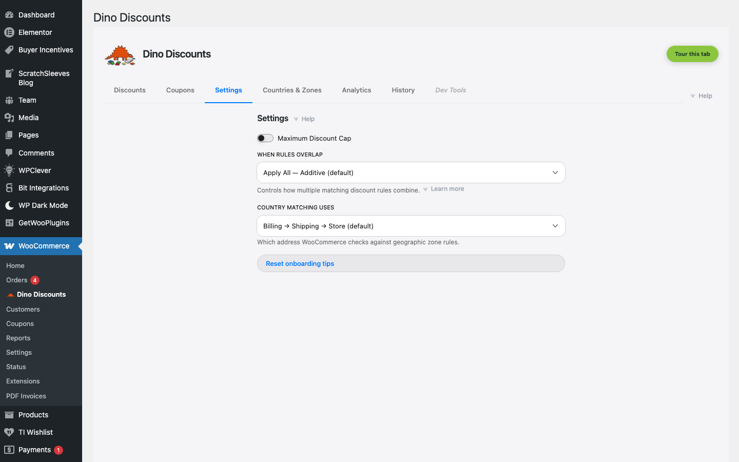 Default Settings showing rule combination and stacking options