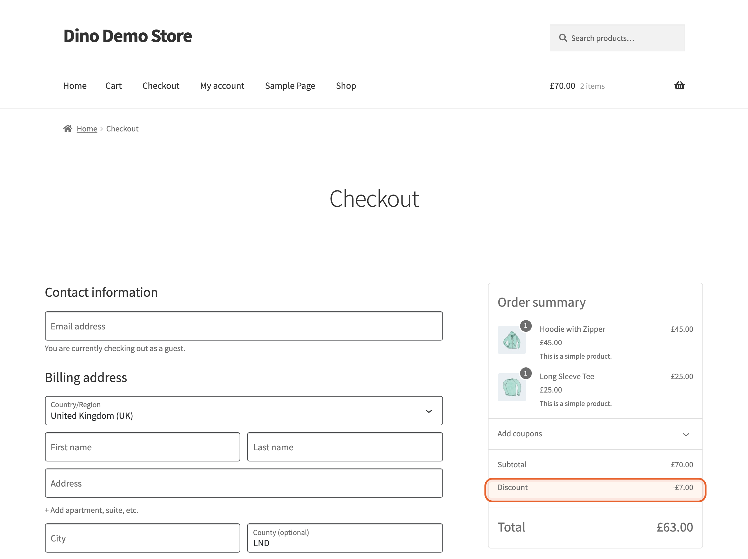 A WooCommerce checkout page — billing form beside an order summary with the Dino discount (−£7.00) highlighted and a £63.00 total