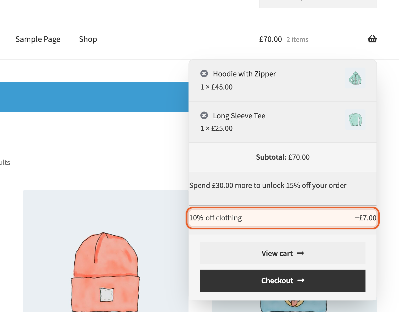 The mini-cart open over a WooCommerce shop, with the Dino '10% off clothing −£7.00' per-line label highlighted
