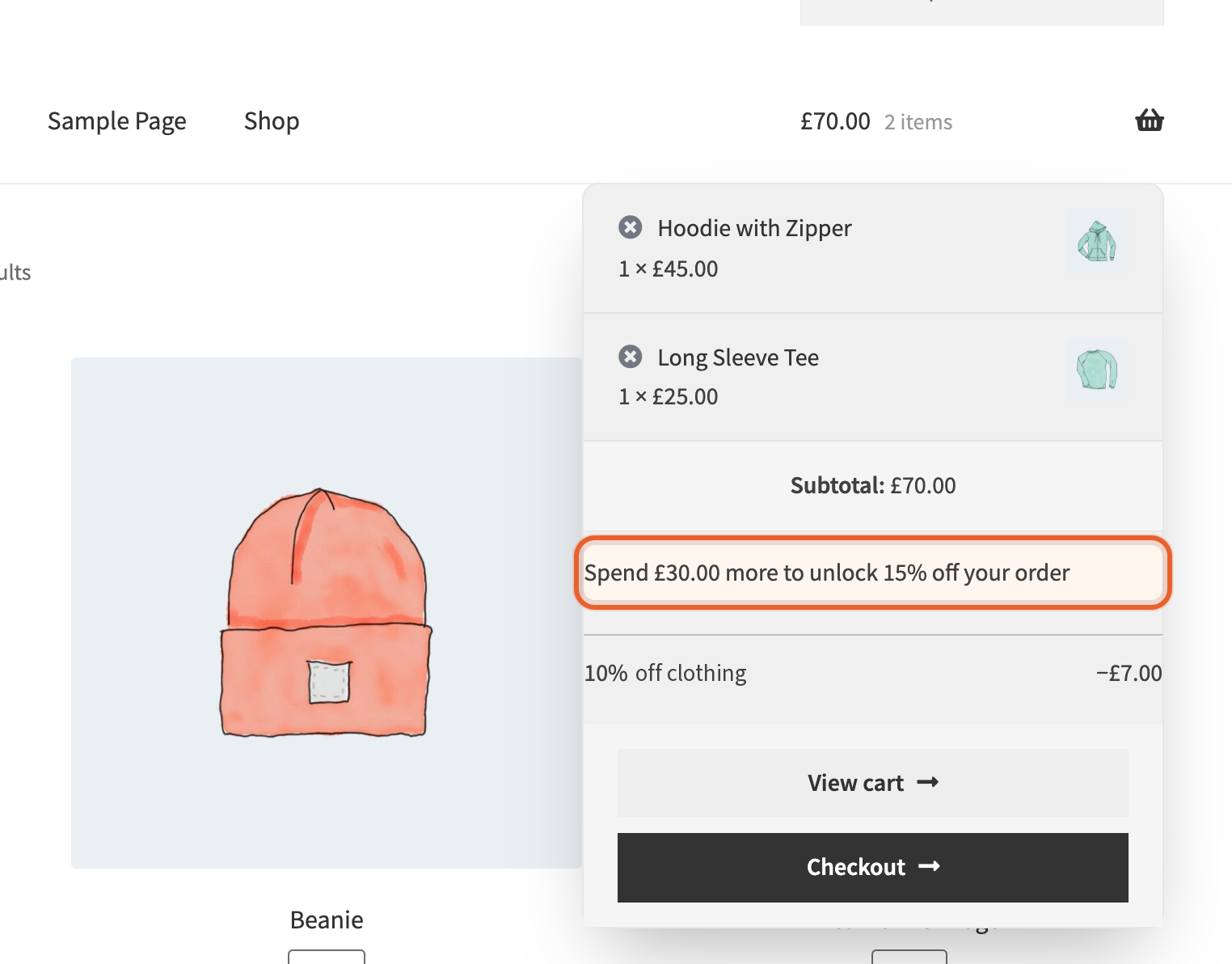 The mini-cart open over a WooCommerce shop, with a highlighted Dino live nudge: 'Spend £30.00 more to unlock 15% off your order'