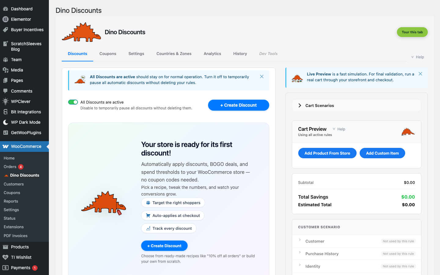Dino Discounts admin — Discounts tab with welcome tour
