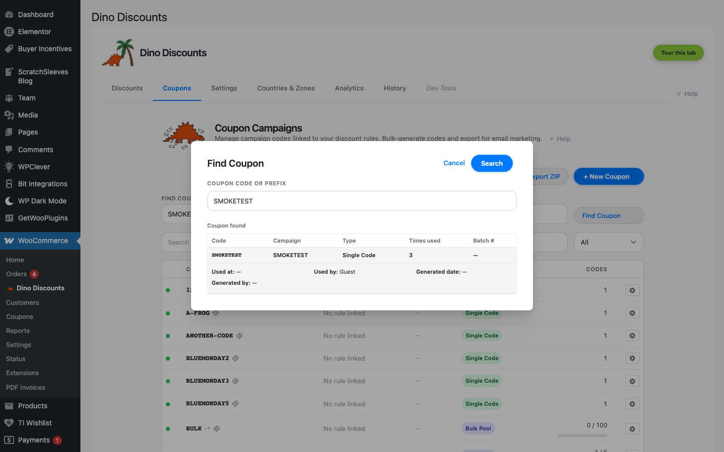 Find Coupon modal showing search results with expanded code details