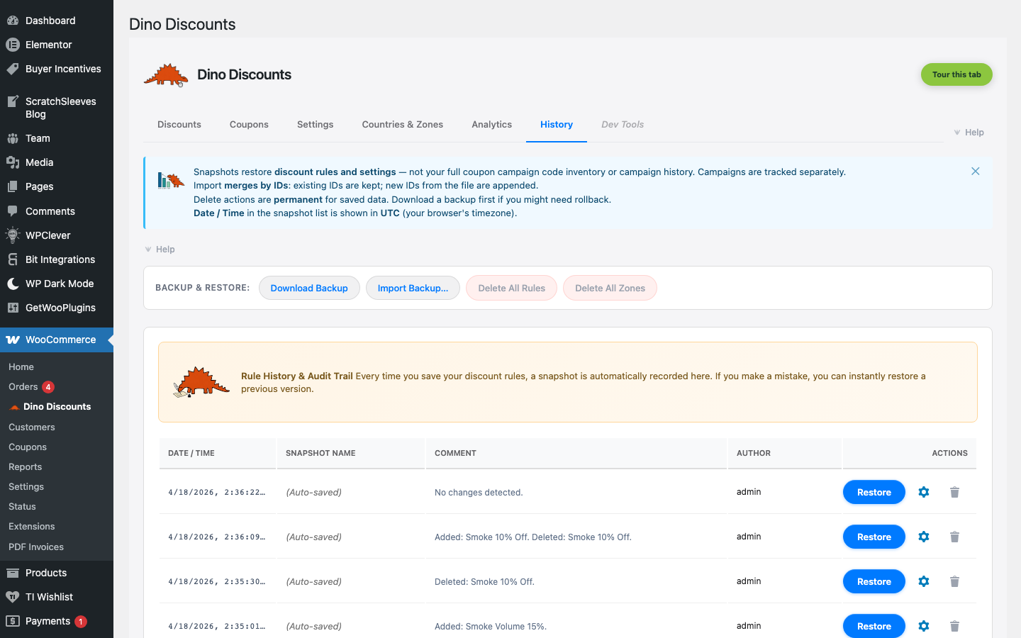 History tab showing snapshots with restore and export options