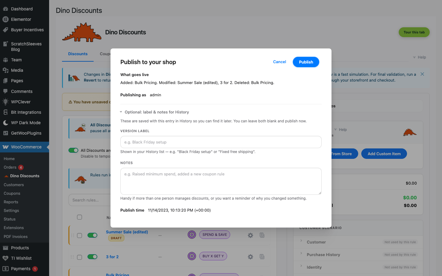 Publish modal showing what goes live with publish confirmation