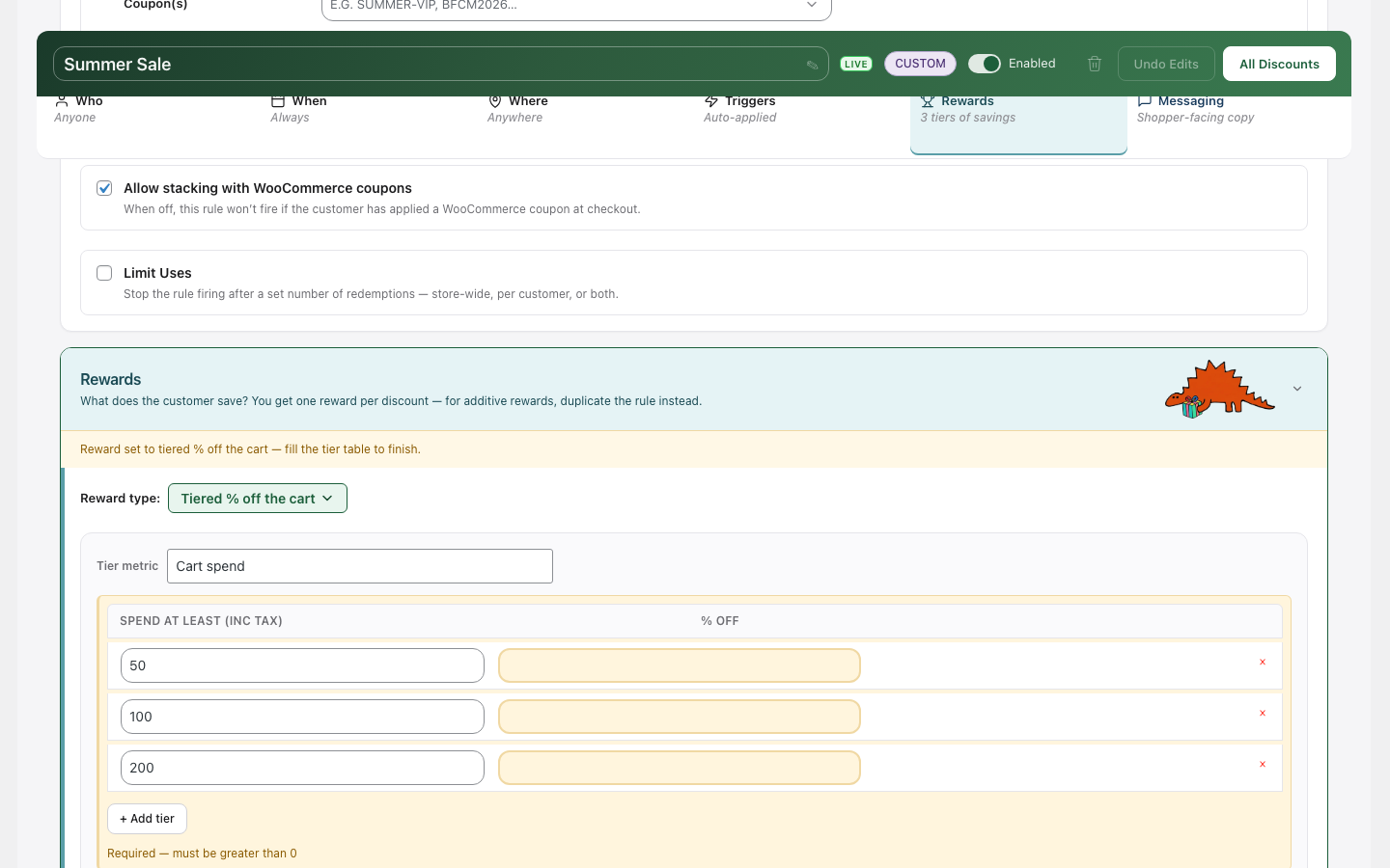 Rule editor scrolled to the Messaging section, with the Cart label block visible. The text input shows a populated example label and the [ccy] / [X] / [Y] token help underneath.