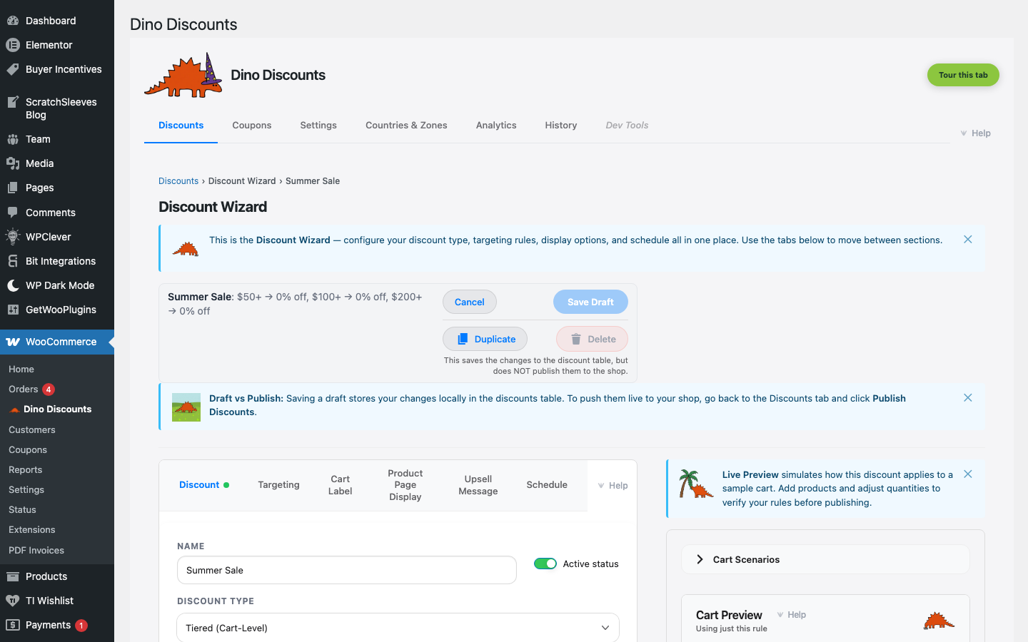 Wizard with Cart Preview panel showing discount applied