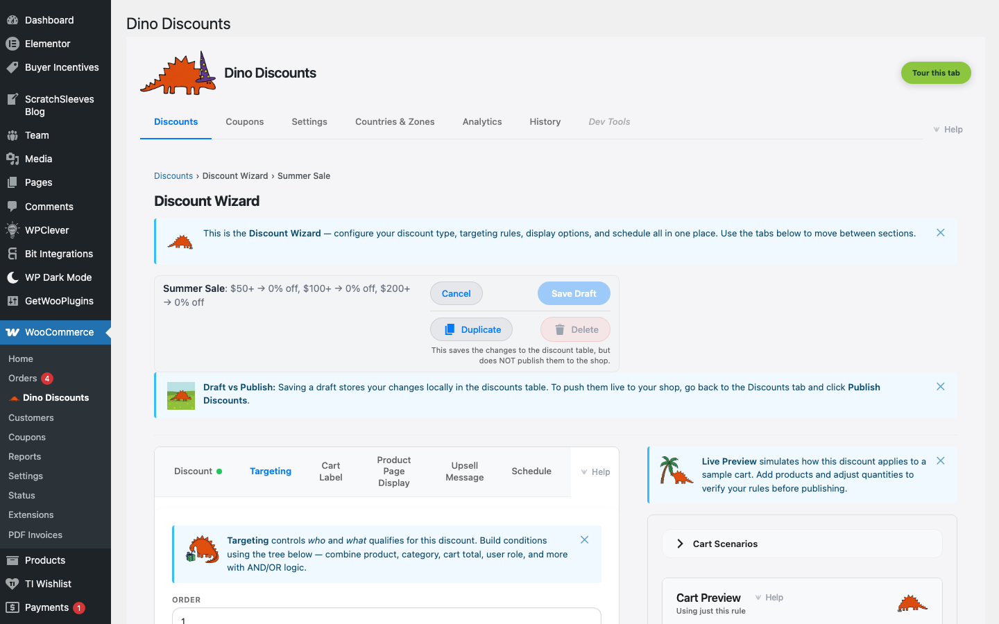 Wizard — Targeting tab showing product, category, and customer targeting options