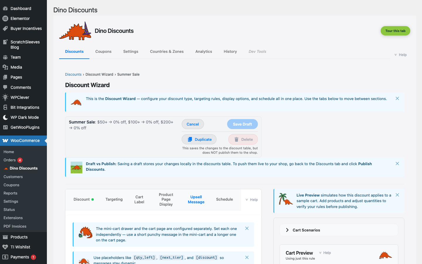 Wizard — Upsell Message tab configuration