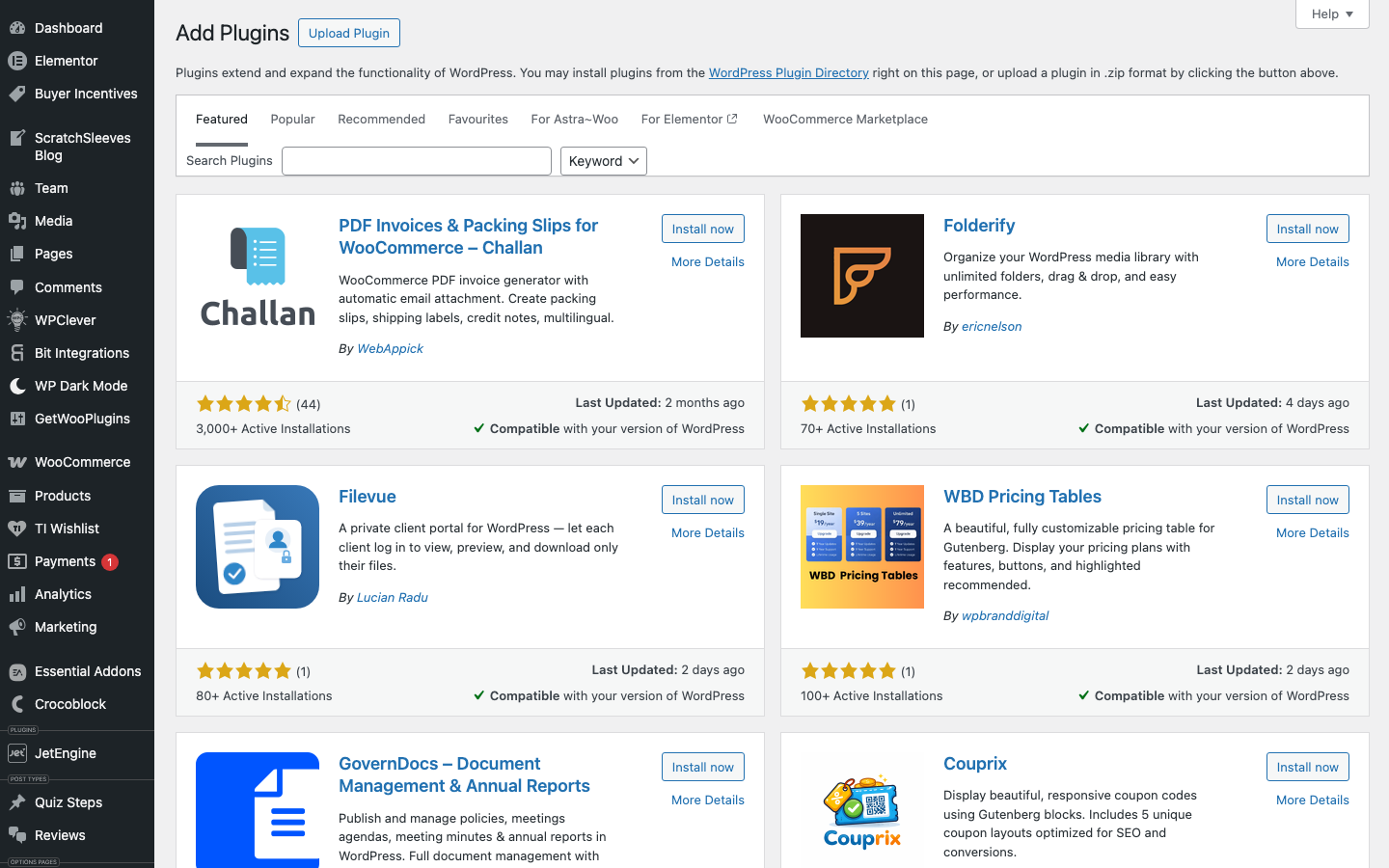 WordPress admin — Plugins → Add New screen