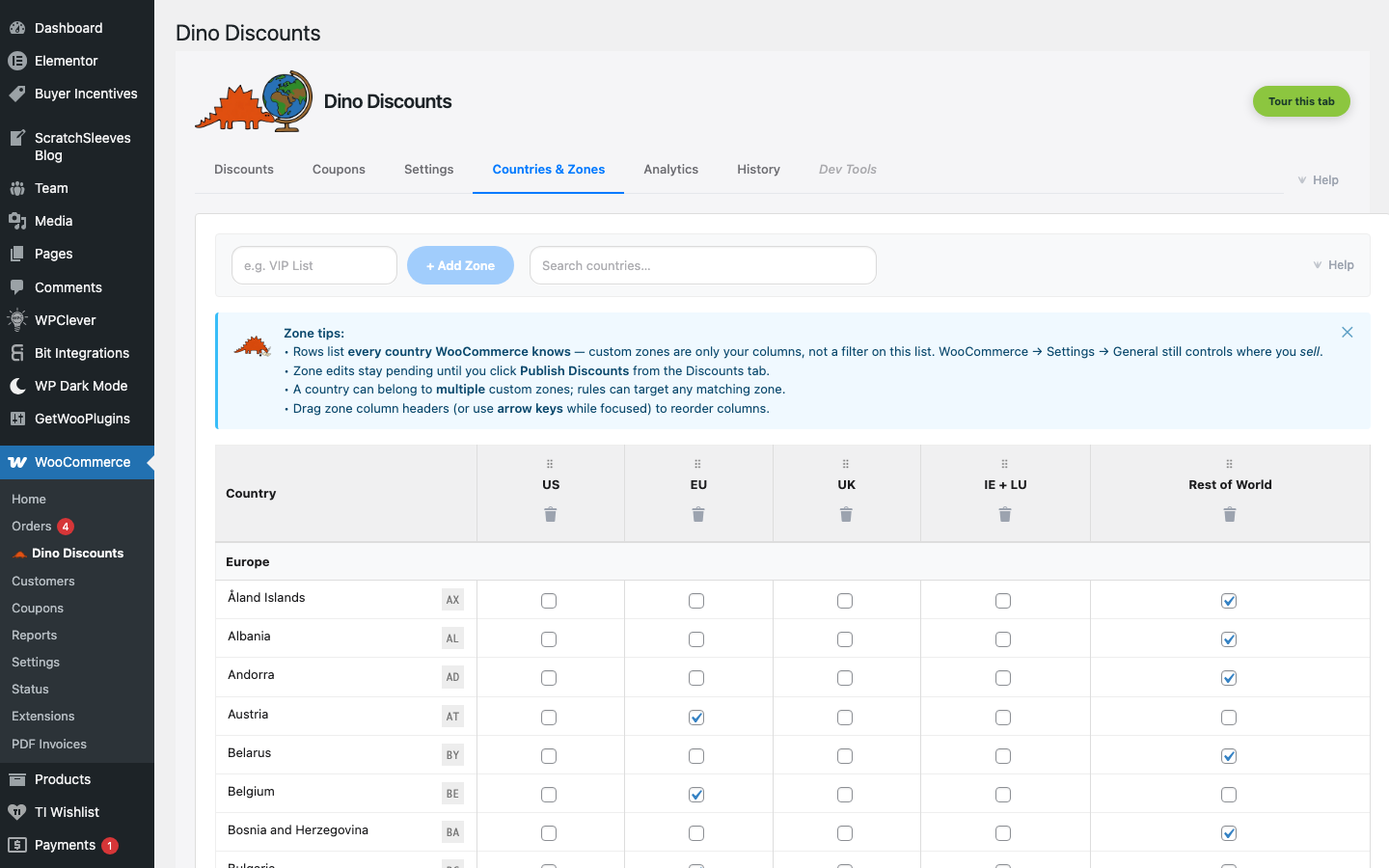 Countries & Zones tab showing zone configuration with country checkboxes